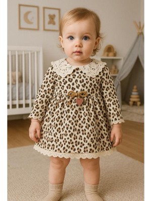 Mini Moda House Kız Bebek Leopar Yakalı ve Desenli Elbise