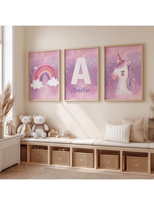 Ninastore Kişiselleştirilmiş Tek Boynuzlu At Gökkuşağı Temalı Çocuk Odası Poster Seti: Pastel Kız Çocuk Odası
