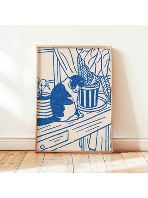 Ninastore Retro Kedi Natürmort Baskısı Mavi Vintage Poster Matisse Duvar Sanatı Dekorasyonu Çerçevesiz