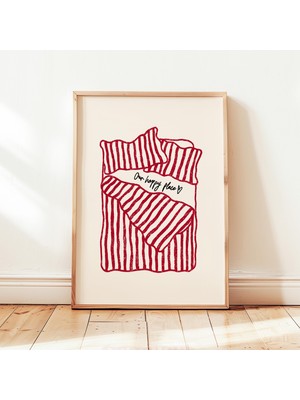 Ninastore Mutlu Yerimiz Yatak Odası Baskısı Kırmızı Minimalist Çift Aşk Posteri Yatak Odası Duvar Dekoru Çerçe