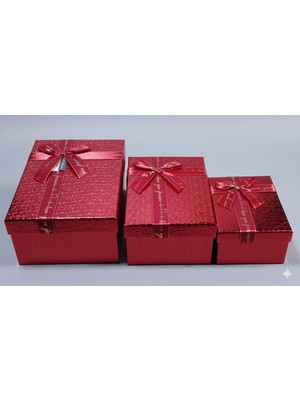 abnturk 3'lü Lüks Dokulu Hediye Kutusu Seti - Kırmızı Renk, "love" Yazılı Kurdeleli - (7X12X19, 8X14X21, 9X16X23 Cm)