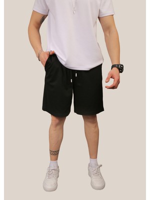 Eydamoon Erkek Siyah Baggy Kesim 2 Iplik Basic Yazlık Bel Lastikli Cepli Yazlık Şort&bermuda