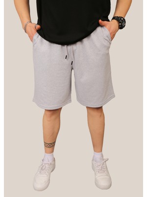 Eydamoon Erkek Gri Baggy Kesim 2 Iplik Basic Yazlık Bel Lastikli Cepli Yazlık Şort&bermuda