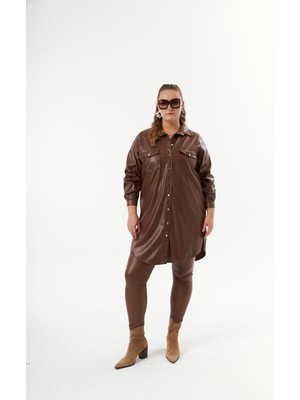 Truva Xxl Büyük Beden Kahverengi Suni Deri Tunik Gömlek