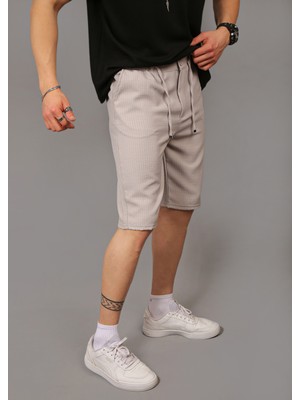 Eydamoon Erkek Açık Gri Likralı Jogger Bel Lastikli Düğmeli Çizgili Arka Cep Detaylı Kapri Şort