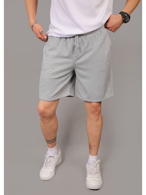 Eydamoon Erkek Gri Pike Kumaş Baggy Kesim Double Paça Bel Lastikli Bağlamalı Yazlık Şort