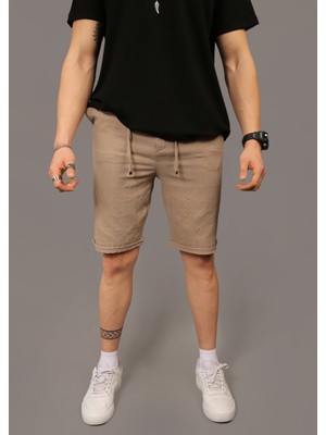 Eydamoon Erkek Açık Kahve Jogger Likralı Bel Lastikli Arka Cep Fermuarlı Yazlık Şort