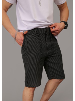 Eydamoon Erkek Siyah Likralı Jogger Bel Lastikli Düğmeli Çizgili Arka Cep Detaylı Kapri Şort