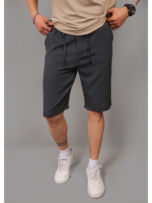 Eydamoon Erkek Lacivert Likralı Jogger Bel Lastikli Düğmeli Çizgili Arka Cep Detaylı Kapri Şort