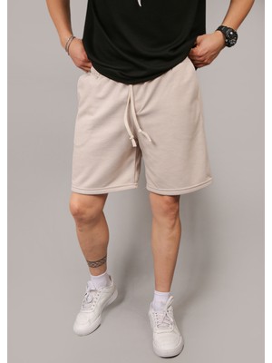 Eydamoon Erkek Bej Pike Kumaş Baggy Kesim Double Paça Bel Lastikli Bağlamalı Yazlık Şort