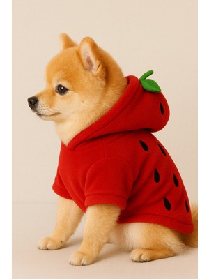 Feyza Design Çilek Desenli Polar Hoodie, Kapüşonlu Kedi ve Köpek Için Rahat Giyim