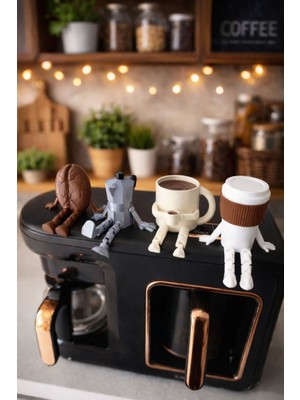 nextprintx Sevimli Kahve Köşesi Biblo Seti - 4 Parça Kahve Seti - Moka Pot - Kahve Bardağı - Dekoratif Obje