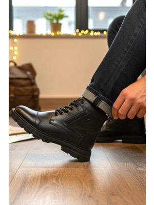 Enoch Hakiki Deri Geometrik Hatlı Bağcıklı Siyah Erkek Bot