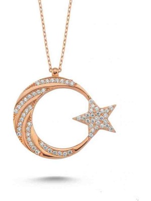 Modahilye 925 Ayar Gümüş Ay Yıldız Hilal Rose Gold Renk Gümüş Kolye