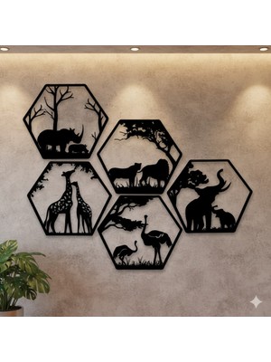 Sscnc Mdf Altıgen Safari Hayvanları Duvar Dekoru 5 Li Set– Modern Siyah Tasarım