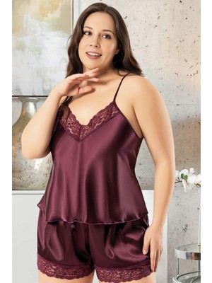 Homay 2'li Büyük Beden Güpür Kenarlıklı Şortlu Saten Pijama Takımı