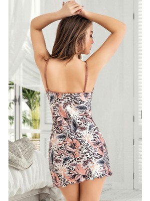 Homay Çiçek Desenli V Yaka Saten Gecelik