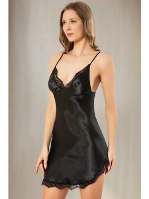 Homay Asimetrik Kesim Sırtı Çapraz Askılı Saten Gecelik