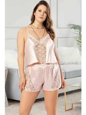 Homay 2'li Büyük Beden Dantel Işlemeli Şortlu Saten Pijama Takımı