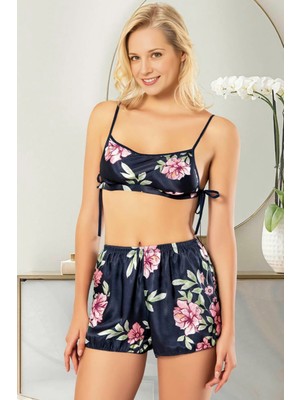 Homay 2'li Çiçek Desenli Bağcıklı Bralet ve Şortlu Saten Pijama Takımı