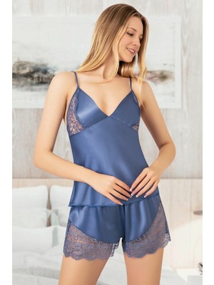 Homay 2'li Dantel Detaylı Şortlu Saten Pijama Takımı