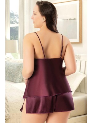 Homay 2'li Büyük Beden Güpürlü V Yakalı Derin Yırtmaçlı Şortlu Saten Pijama Takımı