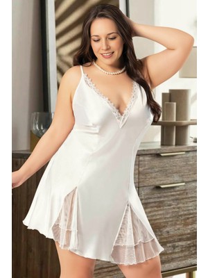 Homay Büyük Beden Dantel Yaka Detaylı Çift Yırtmaçlı Volanlı Saten Gecelik