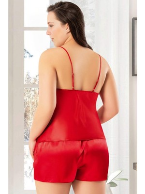 Homay 2'li Büyük Beden Göğsü Dantelli Büstiyer ve Dantel Detaylı Şortlu Saten Pijama Takımı