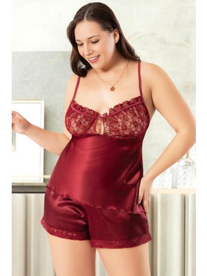 Homay 2'li Büyük Beden Çiçek Güpür Işlemeli Göğüs Pencereli Şortlu Saten Pijama Takımı