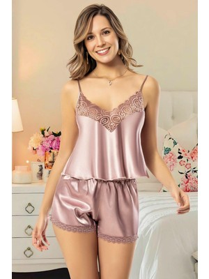 Homay 2’li Dantelli Ince Askılı Şortlu Saten Pijama Takımı