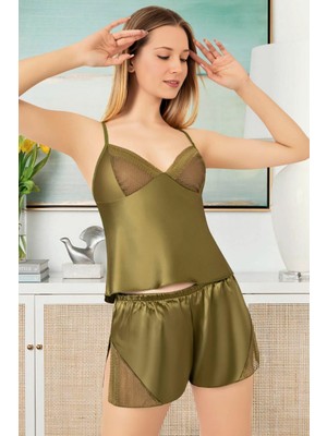 Homay 2'li Tül Dantel Detaylı Yırtmaçlı Şortlu Saten Pijama Takımı