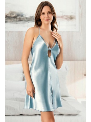 Homay Göğüs Pencereli Yırtmaçlı Spor Sırt Saten Gecelik