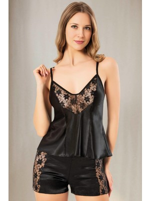 Homay 2’li Dantelli Ince Askılı Şortlu Saten Pijama Takımı