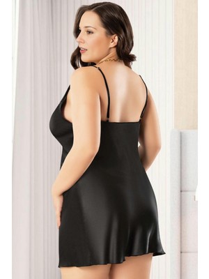 Homay Büyük Beden Önü Dantel Işlemeli Derin Dekolteli Saten Gecelik