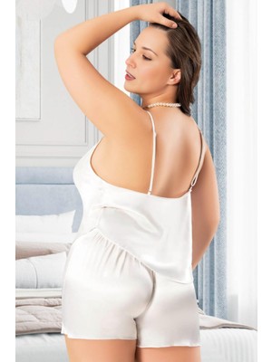 Homay 2'li Büyük Beden Dantel Göğüs Pencereli Şortlu Saten Pijama Takımı