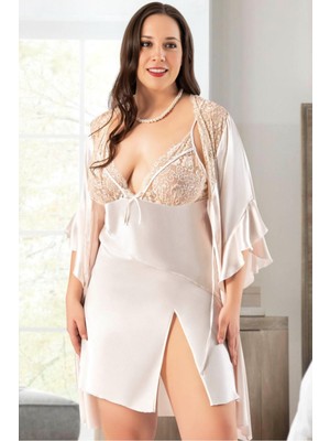Homay 2'li Büyük Beden Göğsü Dantelli Yırtmaçlı Saten Gecelik ve Volan Kollu Sabahlık Takımı