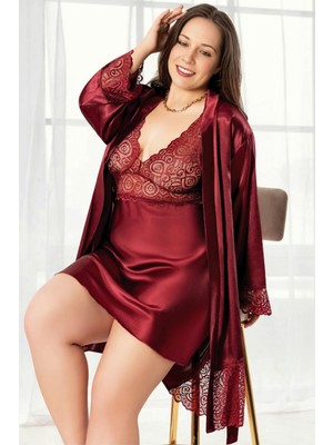 Homay 2'li Büyük Beden Dantel Gövdeli Saten Gecelik ve Sabahlık Takımı