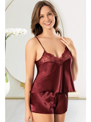 Homay 2'li Dantel Göğüs Detaylı Şortlu Saten Pijama Takımı