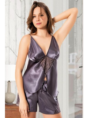 Homay 2’li Dantelli Ince Askılı Şortlu Saten Pijama Takımı
