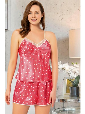 Homay 2'li Büyük Beden Dantel Yaka Detaylı Puantiyeli Şortlu Saten Pijama Takımı