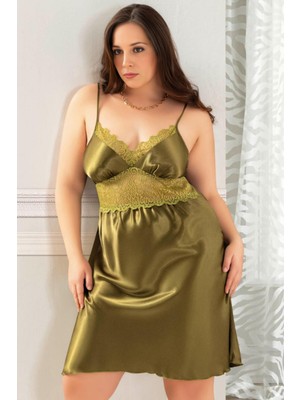 Homay Büyük Beden Güpür Gövdeli Ince Askılı Saten Gecelik