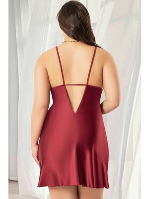 Homay Büyük Beden Göğsü Dantelli Tül Fiyonklu Sırt Dekolteli Saten Gecelik