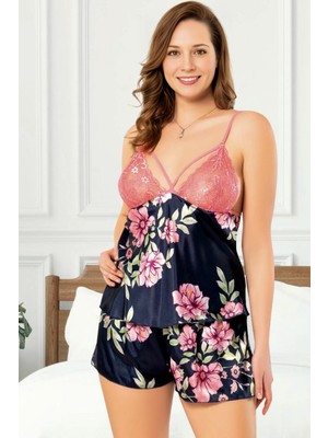 Homay 2'li Büyük Beden Göğsü Dantelli Çiçek Desenli Yırtmaçlı Şortlu Saten Pijama Takımı