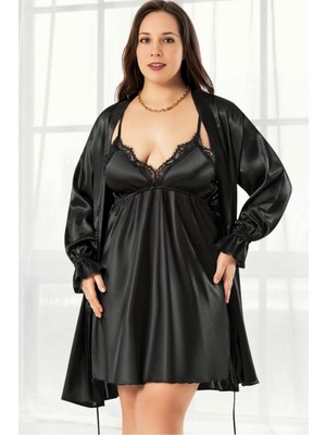 Homay 2'li Büyük Beden Dantel Yakalı Peşli Kol Saten Gecelik ve Sabahlık Takımı