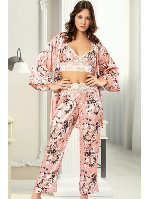 Homay 3’lü Çiçek Desenli Dantelli Saten Pijama Takımı