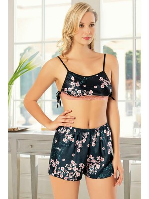 Homay 2'li Çiçek Desenli Bağcıklı Bralet ve Şortlu Saten Pijama Takımı