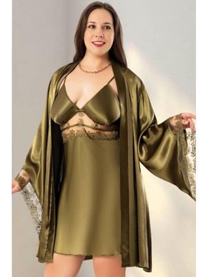 Homay 2'li Büyük Beden Güpür Detaylı Ispanyol Kol Saten Sabahlık ve Gecelik Takımı