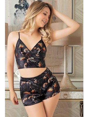 Homay 2’li Çiçek Desenli Ince Askılı Şortlu Saten Pijama Takımı