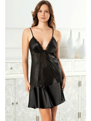 Homay Dantel Detaylı Volan Etekli Saten Gecelik