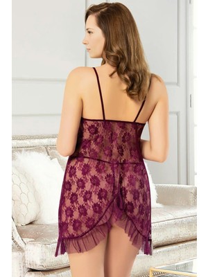 Homay Büyük Beden Çiçek Güpür Işlemeli Arkası Yırtmaçlı Tül Gecelik